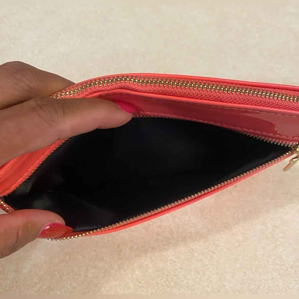 PURSE: Coral/Peach Patent Leather Pouch w/Golden Cross Charm Zipper Pulls, NWOT